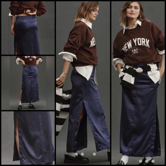 Anthropologie Dresses & Skirts - Anthropologie Sateen Trouser Dark Academia Preppy Purple Maxi Skirt High Slit 10